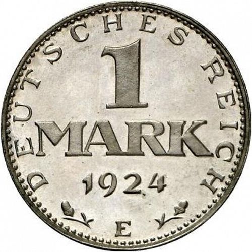 1 Mark Obverse Image minted in GERMANY in 1924E (1924-38 - Weimar Republic - Reichsmark)  - The Coin Database
