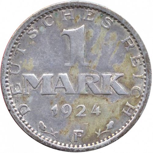 1 Mark Obverse Image minted in GERMANY in 1924F (1924-38 - Weimar Republic - Reichsmark)  - The Coin Database