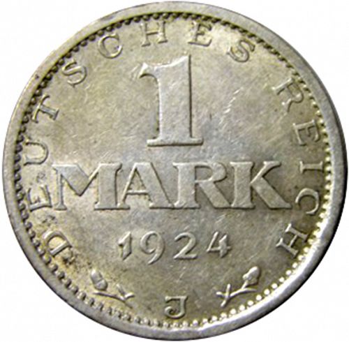 1 Mark Obverse Image minted in GERMANY in 1924J (1924-38 - Weimar Republic - Reichsmark)  - The Coin Database