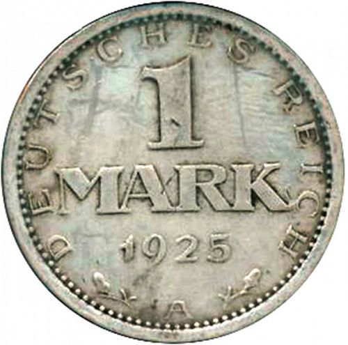 1 Mark Obverse Image minted in GERMANY in 1925A (1924-38 - Weimar Republic - Reichsmark)  - The Coin Database