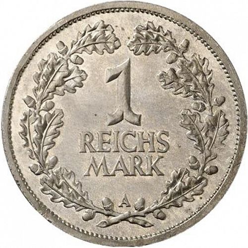 1 Reichsmark Obverse Image minted in GERMANY in 1925A (1924-38 - Weimar Republic - Reichsmark)  - The Coin Database
