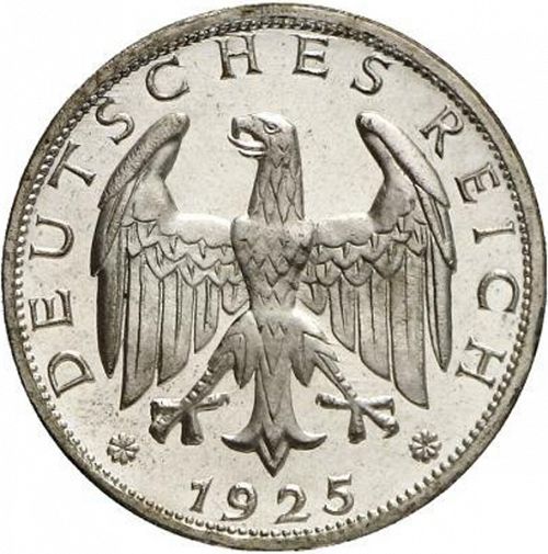 1 Reichsmark Obverse Image minted in GERMANY in 1925F (1924-38 - Weimar Republic - Reichsmark)  - The Coin Database