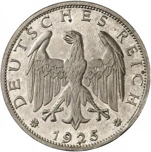 1 Reichsmark Reverse Image minted in GERMANY in 1925A (1924-38 - Weimar Republic - Reichsmark)  - The Coin Database