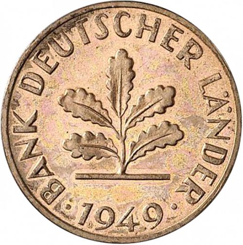 1 Pfennig Obverse Image minted in GERMANY in 1949F (1949-01 - Federal Republic)  - The Coin Database