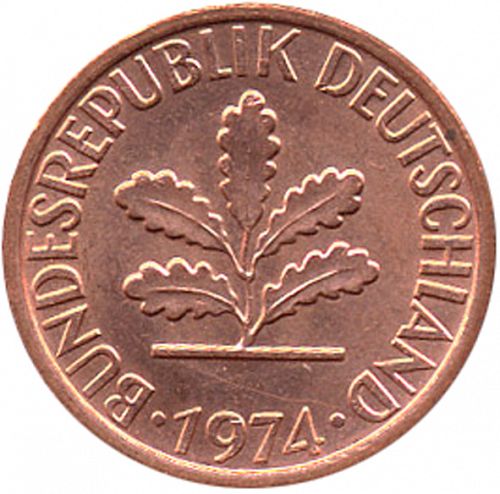 1 Pfennig Obverse Image minted in GERMANY in 1974D (1949-01 - Federal Republic)  - The Coin Database