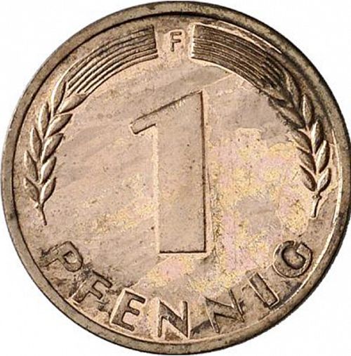 1 Pfennig Reverse Image minted in GERMANY in 1949F (1949-01 - Federal Republic)  - The Coin Database