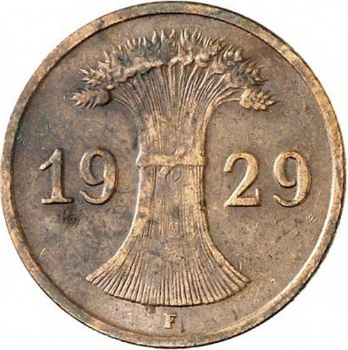 1 Pfenning Reverse Image minted in GERMANY in 1929F (1923-29 - Weimar Republic - Rentenmark)  - The Coin Database