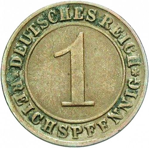 1 Pfenning Obverse Image minted in GERMANY in 1925J (1924-38 - Weimar Republic - Reichsmark)  - The Coin Database