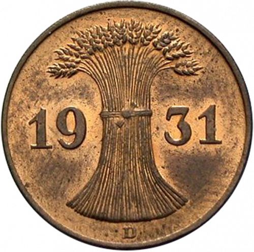 1 Pfenning Reverse Image minted in GERMANY in 1931D (1924-38 - Weimar Republic - Reichsmark)  - The Coin Database
