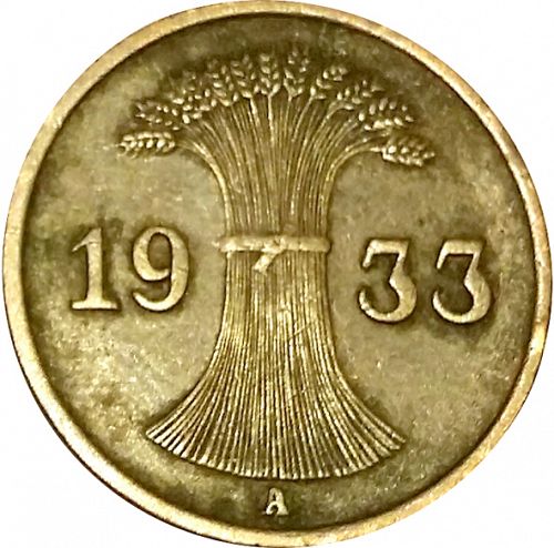 1 Pfenning Reverse Image minted in GERMANY in 1933A (1924-38 - Weimar Republic - Reichsmark)  - The Coin Database