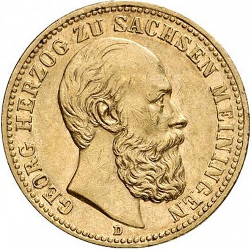 20 Mark Obverse Image minted in GERMANY in 1872D (1871-18 - Empire SAXE-MEININGEN)  - The Coin Database