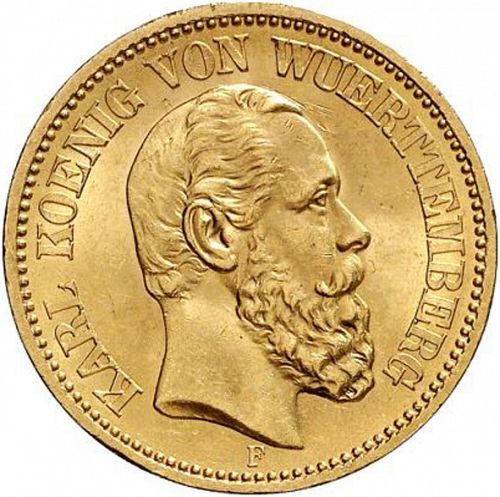 20 Mark Obverse Image minted in GERMANY in 1872F (1871-18 - Empire WURTTEMBERG)  - The Coin Database