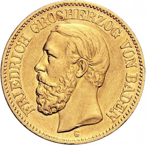 20 Mark Obverse Image minted in GERMANY in 1874G (1871-18 - Empire BADEN)  - The Coin Database
