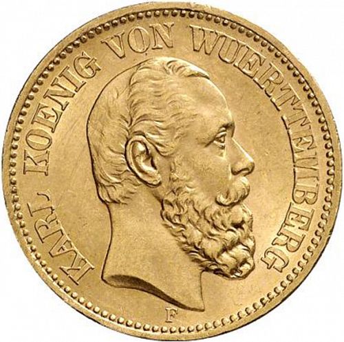 20 Mark Obverse Image minted in GERMANY in 1876F (1871-18 - Empire WURTTEMBERG)  - The Coin Database