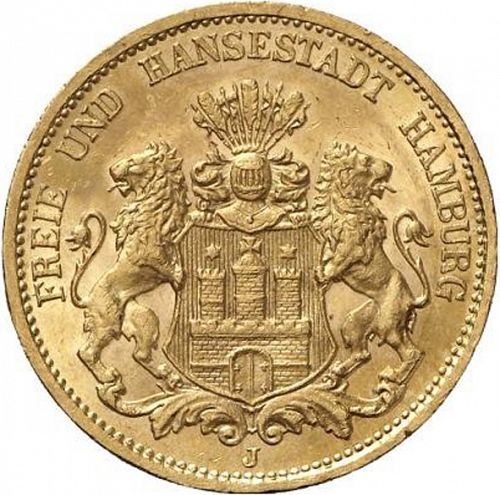 20 Mark Obverse Image minted in GERMANY in 1878J (1871-18 - Empire HAMBURG)  - The Coin Database