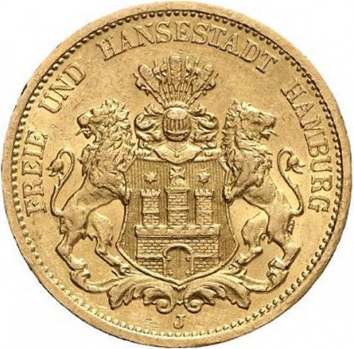 20 Mark Obverse Image minted in GERMANY in 1880J (1871-18 - Empire HAMBURG)  - The Coin Database