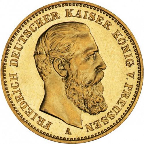 20 Mark Obverse Image minted in GERMANY in 1888A (1871-18 - Empire PRUSSIA)  - The Coin Database
