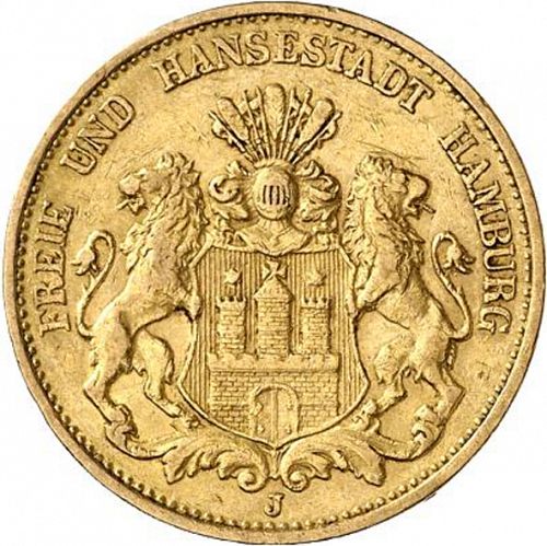 20 Mark Obverse Image minted in GERMANY in 1889J (1871-18 - Empire HAMBURG)  - The Coin Database