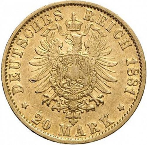 20 Mark Reverse Image minted in GERMANY in 1881J (1871-18 - Empire HAMBURG)  - The Coin Database