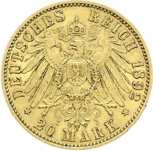 20 Mark Reverse Image minted in GERMANY in 1892A (1871-18 - Empire HESSE-DARMSTATDT)  - The Coin Database