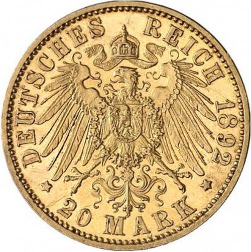 20 Mark Reverse Image minted in GERMANY in 1892A (1871-18 - Empire SAXE-WEIMAR-EISENACH)  - The Coin Database