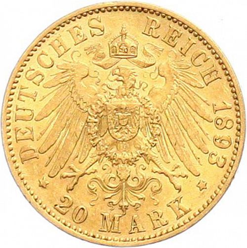20 Mark Reverse Image minted in GERMANY in 1893A (1871-18 - Empire HESSE-DARMSTATDT)  - The Coin Database