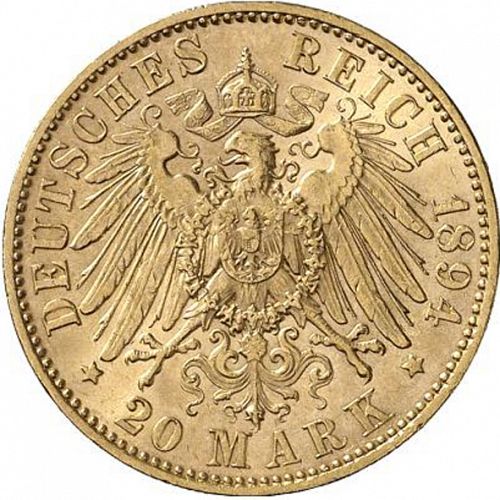 10 Mark Reverse Image minted in GERMANY in 1894E (1871-18 - Empire SAXONY-ALBERTINE)  - The Coin Database