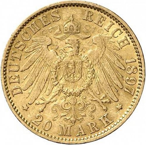 20 Mark Reverse Image minted in GERMANY in 1897J (1871-18 - Empire HAMBURG)  - The Coin Database