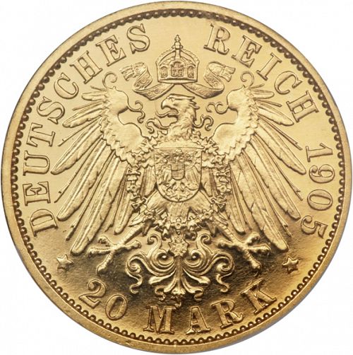 20 Mark Reverse Image minted in GERMANY in 1905A (1871-18 - Empire PRUSSIA)  - The Coin Database