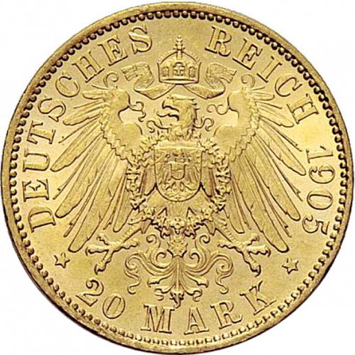 20 Mark Reverse Image minted in GERMANY in 1905E (1871-18 - Empire SAXONY-ALBERTINE)  - The Coin Database
