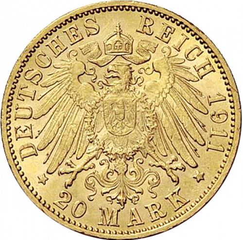 20 Mark Reverse Image minted in GERMANY in 1911G (1871-18 - Empire BADEN)  - The Coin Database