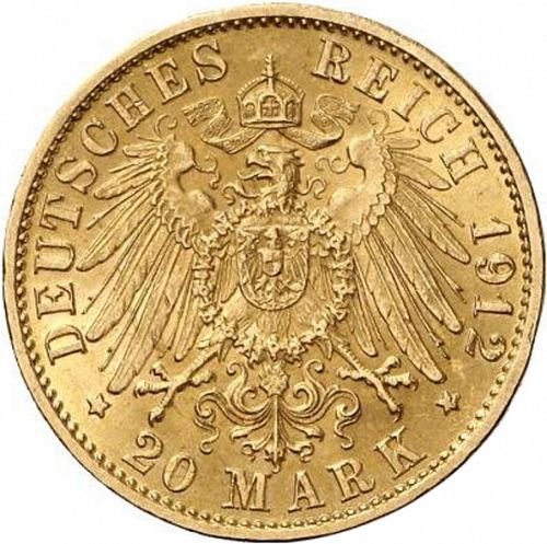 20 Mark Reverse Image minted in GERMANY in 1912G (1871-18 - Empire BADEN)  - The Coin Database