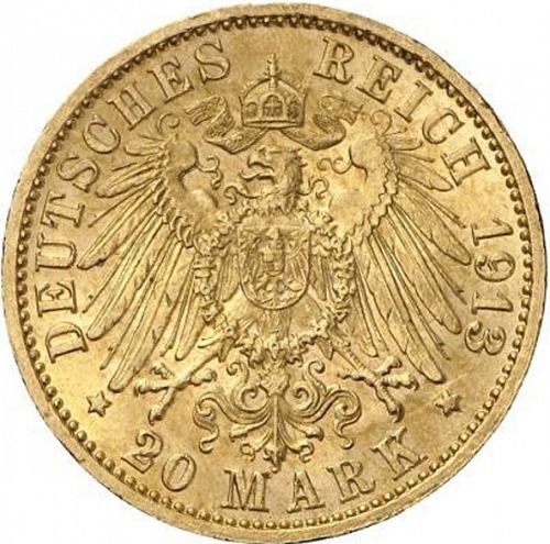 20 Mark Reverse Image minted in GERMANY in 1913G (1871-18 - Empire BADEN)  - The Coin Database