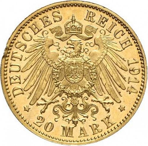 20 Mark Reverse Image minted in GERMANY in 1914D (1871-18 - Empire BAVARIA)  - The Coin Database