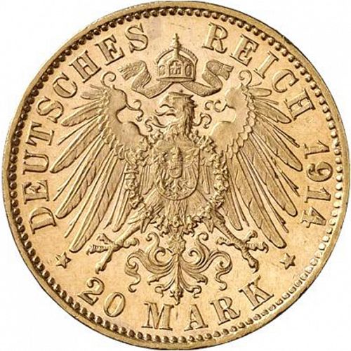 20 Mark Reverse Image minted in GERMANY in 1914D (1871-18 - Empire SAXE-MEININGEN)  - The Coin Database