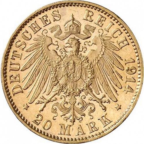 20 Mark Reverse Image minted in GERMANY in 1914D (1871-18 - Empire SAXE-MEININGEN)  - The Coin Database