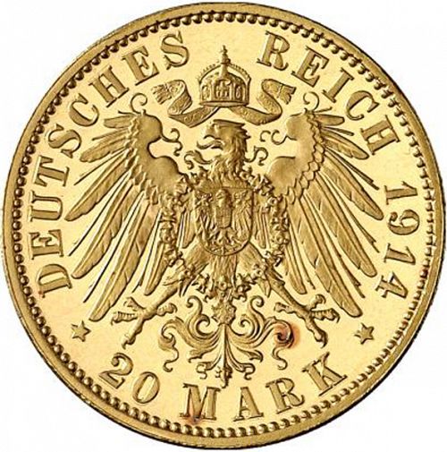 20 Mark Reverse Image minted in GERMANY in 1914E (1871-18 - Empire SAXONY-ALBERTINE)  - The Coin Database