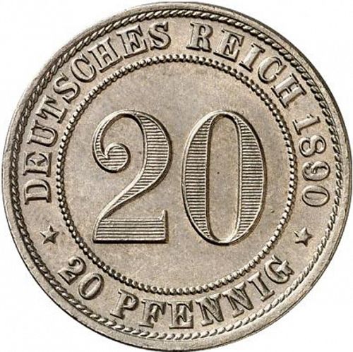 20 Pfenning Obverse Image minted in GERMANY in 1890D (1871-18 - Empire)  - The Coin Database