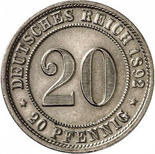 20 Pfenning Obverse Image minted in GERMANY in 1892D (1871-18 - Empire)  - The Coin Database