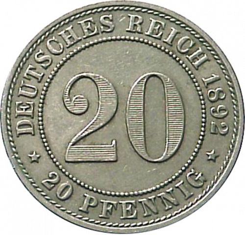 20 Pfenning Obverse Image minted in GERMANY in 1892E (1871-18 - Empire)  - The Coin Database