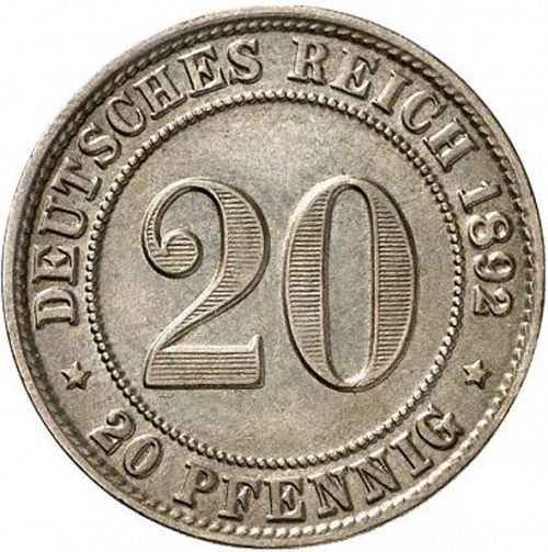 20 Pfenning Obverse Image minted in GERMANY in 1892G (1871-18 - Empire)  - The Coin Database