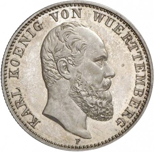 2 Mark Obverse Image minted in GERMANY in 1876F (1871-18 - Empire WURTTEMBERG)  - The Coin Database