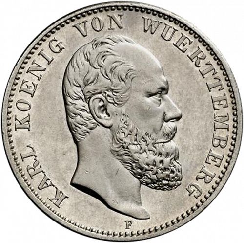 2 Mark Obverse Image minted in GERMANY in 1888F (1871-18 - Empire WURTTEMBERG)  - The Coin Database