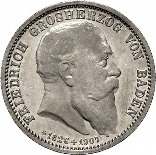 2 Mark Obverse Image minted in GERMANY in 1907 (1871-18 - Empire BADEN)  - The Coin Database