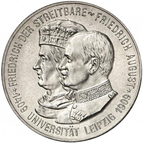 2 Mark Obverse Image minted in GERMANY in 1909 (1871-18 - Empire SAXONY-ALBERTINE)  - The Coin Database