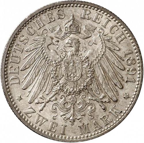 2 Mark Reverse Image minted in GERMANY in 1891A (1871-18 - Empire HESSE-DARMSTATDT)  - The Coin Database