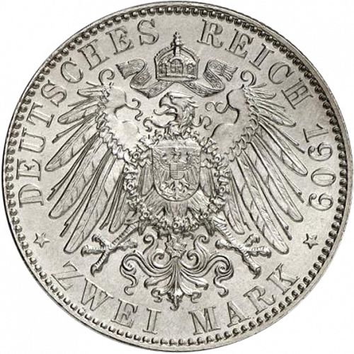 2 Mark Reverse Image minted in GERMANY in 1909 (1871-18 - Empire SAXONY-ALBERTINE)  - The Coin Database