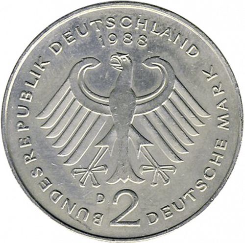 2 Mark Obverse Image minted in GERMANY in 1988D (1949-01 - Federal Republic)  - The Coin Database