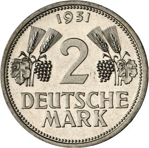 2 Mark Reverse Image minted in GERMANY in 1951F (1949-01 - Federal Republic)  - The Coin Database