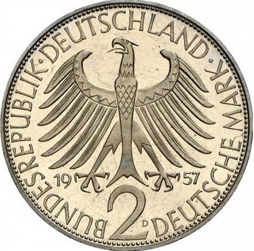 2 Mark Reverse Image minted in GERMANY in 1957D (1949-01 - Federal Republic)  - The Coin Database